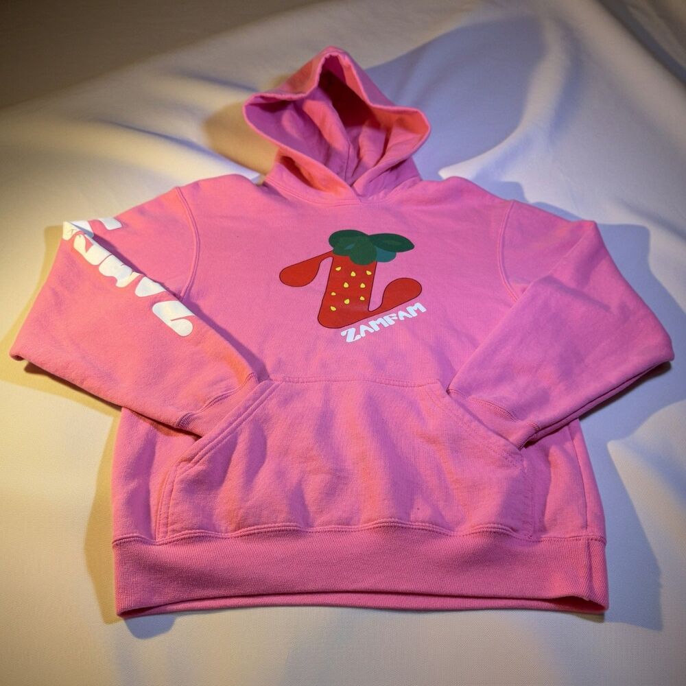 ZAMFAM S Strawberry Pullover Kids Girls Neon Pink Fleece Hoodie YouTuber Merch